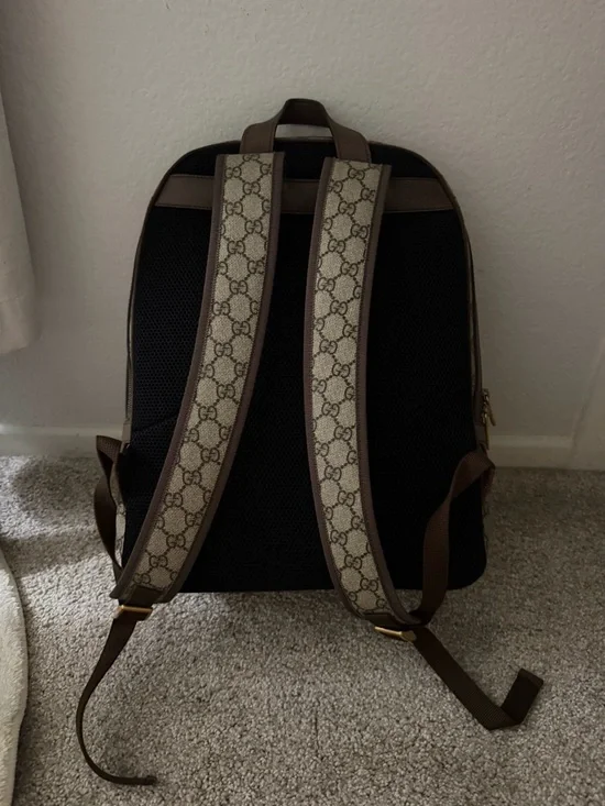 Gucci Beige GG Supreme Canvas Backpack with Red & Green Web and Brown Trim - Picture 2 of 11